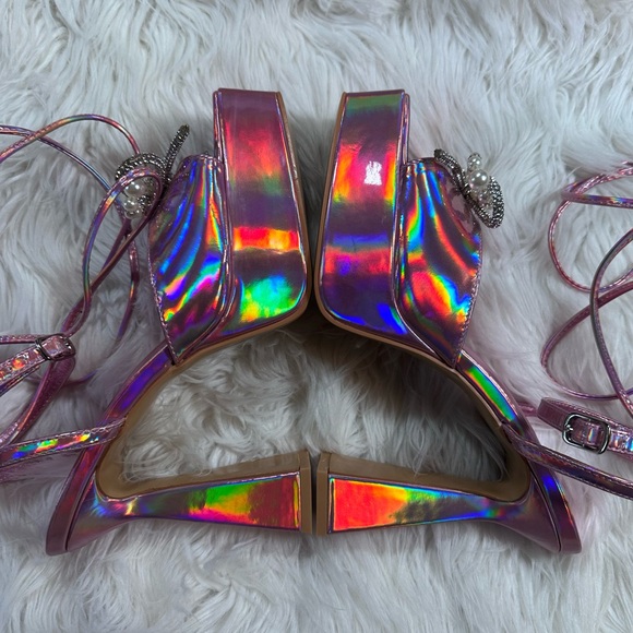 Dolls Kill • Iridescent Pink Lace Up Pyramid Heels - Picture 4 of 16